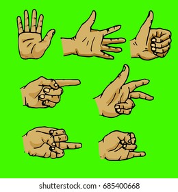 Set of hands in different gestures, emotions and signs. Isolated on green background. Flat vector illustration