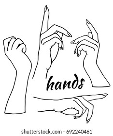 Set of hands in different gestures emotions and signs on white background isolated vector illustration