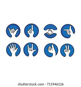 Set of hands in different gestures emotions and signs vector illustration with circle concept