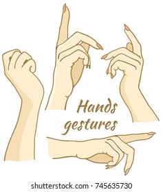 Set of hands in different gestures emotions and signs on white background isolated vector illustration
