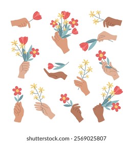 Set of hands in different gestures, holding bouquets of blooming flowers and wildflowers. Spring or summer gift for holiday. Women's day. Girl power. Feminism. Romantic present. Vector illustration