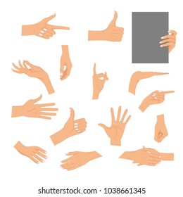 Set hands in different gestures isolated on white background. Colored hand gesture set with manicured nails and good skin vector illustration. Collection emotions, signs. Holding hands.