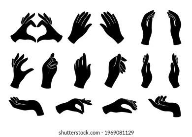 A set of hands with different gestures isolated on a white background. Vector illustration with icons of female hands in black.