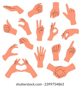 Set of hands with different gestures isolated on white background.	