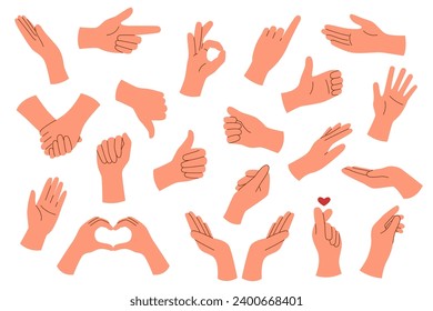 Set of hands with different gestures isolated on white background.	