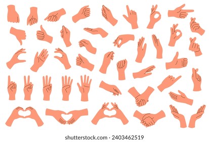 Set of hands with different gestures isolated on white background.