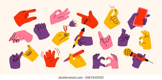 Set of hands with different gestures and objects in different poses. A hand holds a microphone, a telephone, points with a finger, gestures, writes. Bright cartoon stickers in retro 90s groovy style