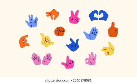 Set of hands with different gestures and objects in different poses. A hand holds a microphone, a telephone, points with a finger, gestures, writes. Bright cartoon stickers in retro 90s groovy style