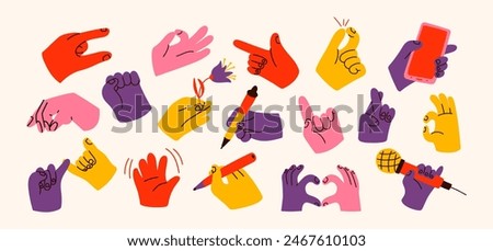 Set of hands with different gestures and objects in different poses. A hand holds a microphone, a telephone, points with a finger, gestures, writes. Bright cartoon stickers in retro 90s groovy style