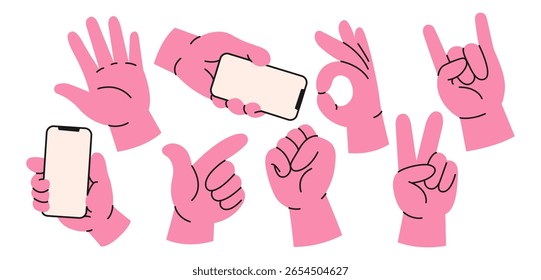 Conjunto de manos con diferentes gestos. Diferentes poses: apuntar, mantener, ok, puño, signo V. Ilustración plana de dibujos animados aislados sobre fondo blanco.