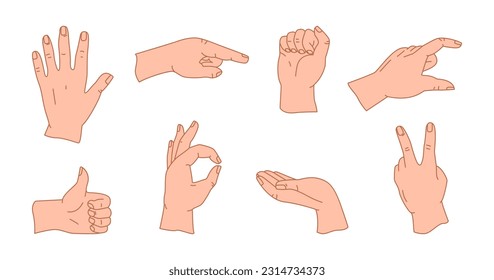 A set of hands in different gestures. Showing signals. Silhouettes of hands in various situations for infographic, web, presentation.  Vector illustration isolated on a white background