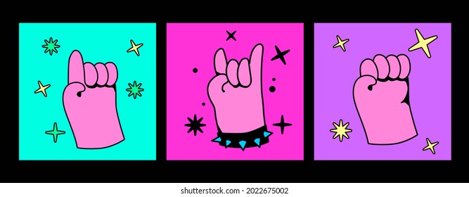 Set of hands with different gestures: sign of the horns, raised fist and pointing gesture.