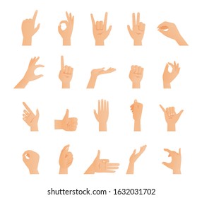 Set of hands in different gestures. Signs collection, arms showing different emotions flat vector illustration isolated on white. Gestures arm - stop, thumbs up, finger pointer, ok, like and others.