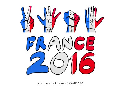 A set of hands with different gestures wrapped in the flag of France art