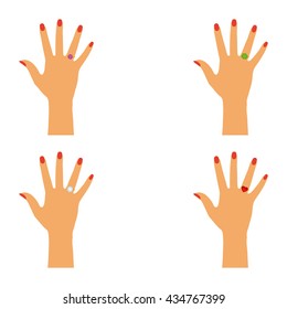 Set of hands with different rings on a white background