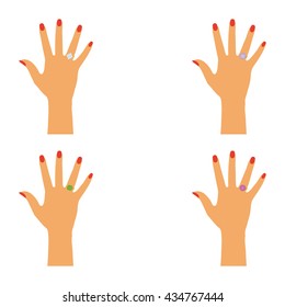 Set of hands with different rings on a white background