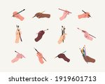 Set of hands of different skin colors holding pencil and brush. Drawing, handwriting, painting, art process with Different positions of painter
