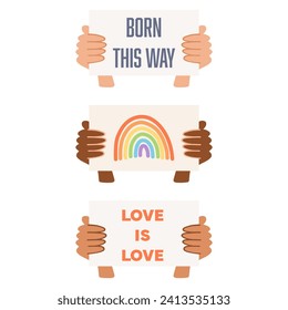 Set of hands with different skin colors holding posters. Pride month concept, lgbtq movement, people diversity, gender equality