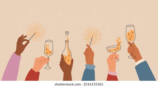 Set of hands different skin colors hold glasses of champagne, wine and sparklers. People on New Year and Christmas party. Vector linear flat illustration for celebrating holiday.