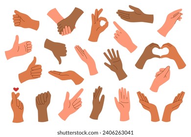 Set of hands of different skin tone with gestures isolated on white background.	