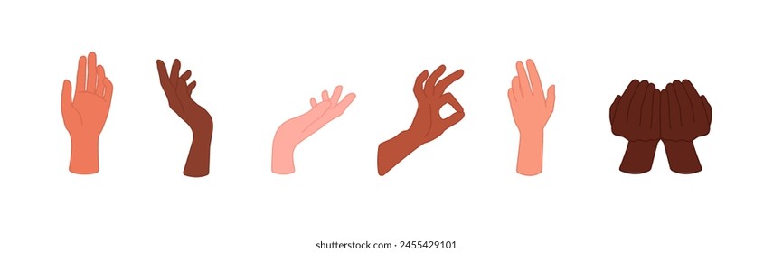 Conjunto de manos de diferente tono de piel con gestos aislados sobre fondo blanco. Gestos. Conjunto de diferentes signos y símbolos multicolores de la mano. Vector las manos mostrando signo ok, sostén, dale.