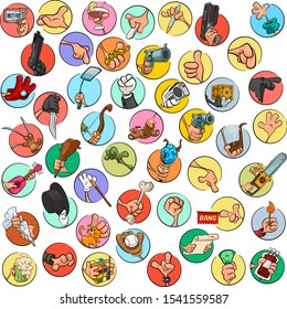 Set of hands with different stuffs in any position isolated on white background. Fun and cool art for stickers, icons for games or card toys. EPS 10