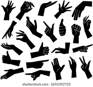 Set of hands displaying various gestures for communication and expression in vector style