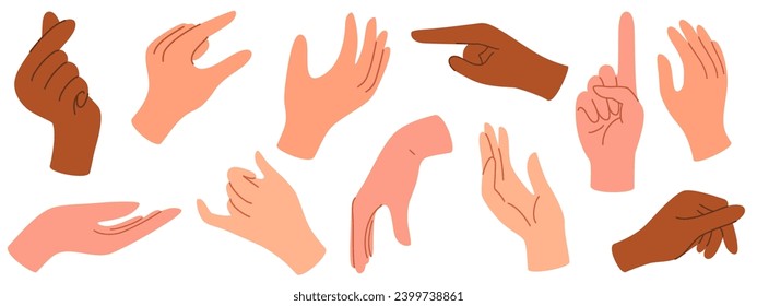 Set of hands in doodle style human arms. Vector different man woman hands showing peace sign, heart, thumbup isolated on the white background