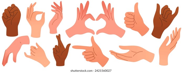 Set of hands in doodle style human arms. Vector different man woman hands showing peace sign, heart, thumbup isolated on the white background