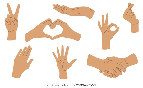 Set of hands in doodle style, human hands isolated, vector different hands of man and woman showing heart sign, high five, ok