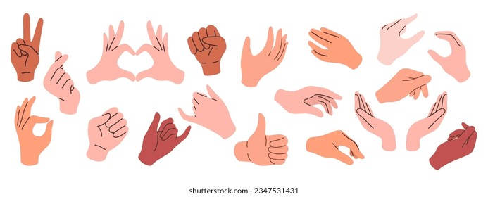 Set of hands in doodle style isolated human arms. Vector different man woman hands showing peace sign, heart, thumb up.