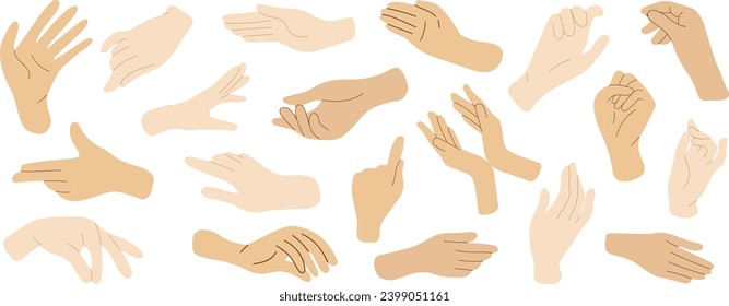 Set of hands in doodle style isolated human hands. Vector different hand positions