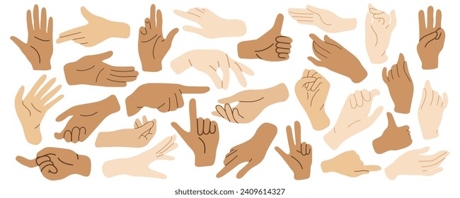 Conjunto de manos en forma de garabato aisladas manos humanas. La mano del hombre. La mano de la mujer. Vector de posiciones de mano diferentes