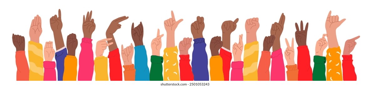 Set of hands in doodle style isolated human arms. Hands raised up demonstrate American sign language alphabet. vector illustration for ASL education poster, card, brochure, canvas, website, books