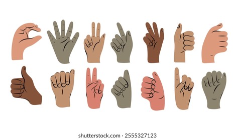 Set of hands in doodle style isolated human hands. Vector different man woman hands showing sign "Victory", V, ok, five, class, thumb up.