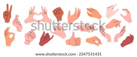 Set of hands in doodle style isolated human arms. Vector different man woman hands showing peace sign, heart, thumb up.