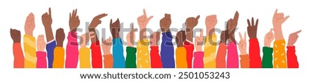 Set of hands in doodle style isolated human arms. Hands raised up demonstrate American sign language alphabet. vector illustration for ASL education poster, card, brochure, canvas, website, books