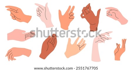 Set of hands in doodle style isolated human arms. Vector different man woman hands holding something.