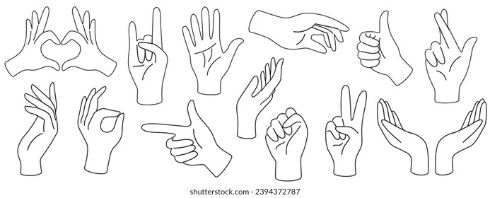 Set of hands drawn with black contour lines style human arms. Vector different man woman hands showing signs. Non-verbal or manual communication, body language. Monochrome illustration