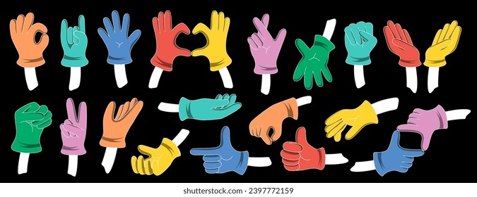 Set of hands drawn in cartoon style. Vector images of hands in different poses. Non-verbal or manual communication, hand language, hand gestures.