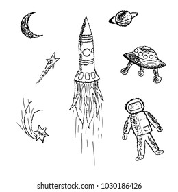 Set of hands drawn monochrome space icons: astronaut, satellite, rocket, stars, moon, planet stock vector illustration, for web, for print