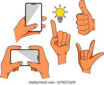 Set hands element to holding smartphone vertical and horizontal, have an idea, to glad and sign with love, Vector illustration. All elements are isolated