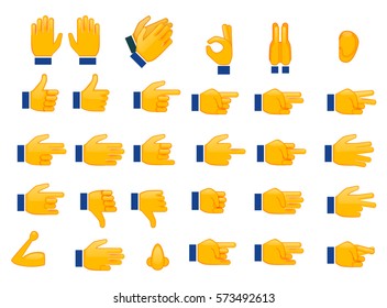 Set of Hands Emojis and Icons. Symbols and Signs. Different Hands, Gestures, Signals and Signs. Vector Illustration