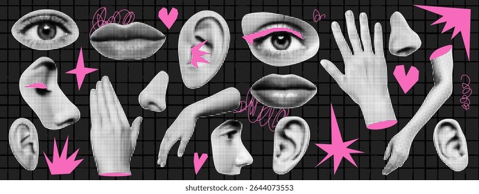 Set of hands and eyes and lips in popart halftone style at the pink bg. Grunge effect with paper torn parts. Collage scrapbook elements. Emo y2k style