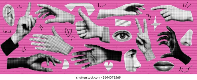 Set of hands and eyes and lips in popart halftone style at the pink bg with doodles and scribbles. Grunge effect with paper torn parts. Collage scrapbook elements. Emo y2k style