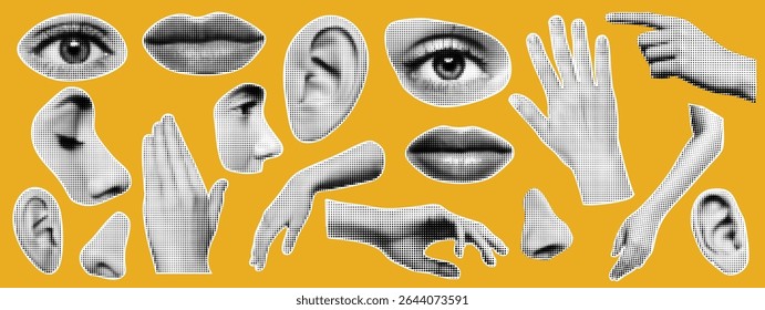 Set of hands and eyes and lips in popart halftone style isolated at the yellow bg. Grunge magazine effect. Collage scrapbook elements. Zine and dadaism bold kit