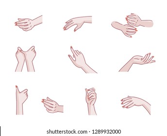 Set of hands female in different gestures emotions palm,hand back, side view. vector illustration isolated on a white background. Simple hand drawn style.