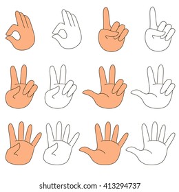 Set of hands with figures. How to illustrate figures from 1 to 5 with fingers. Kid fingers. Learn and fun. Primary math.