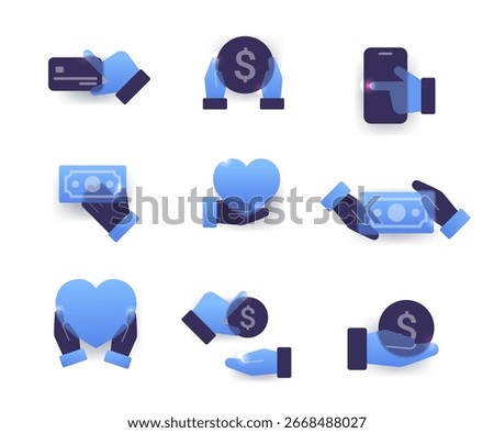 Set of hands with financial attributes. Business charity glass morphism icon