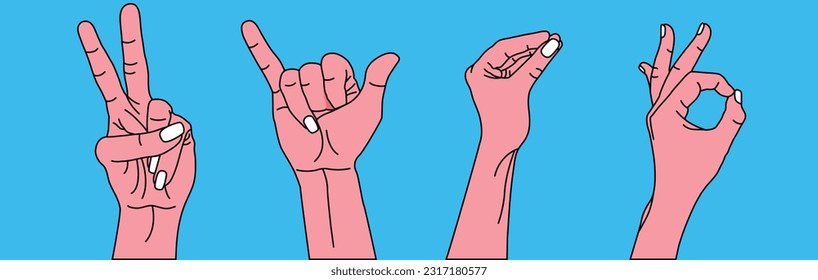 Set of hands with fingers depicting signs, all is well, ok, peace, metal. Vector stock illustration. isolated. Flat trendy style. Doodle. blue background